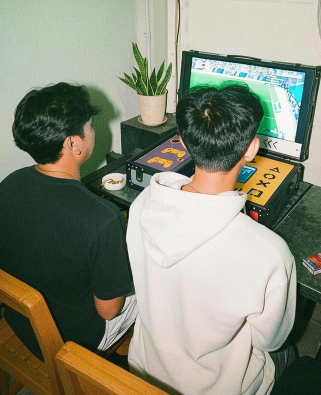 Koper PSVeBOX terbuka, layar berdiri dan dua stik tersimpan di dek bawah